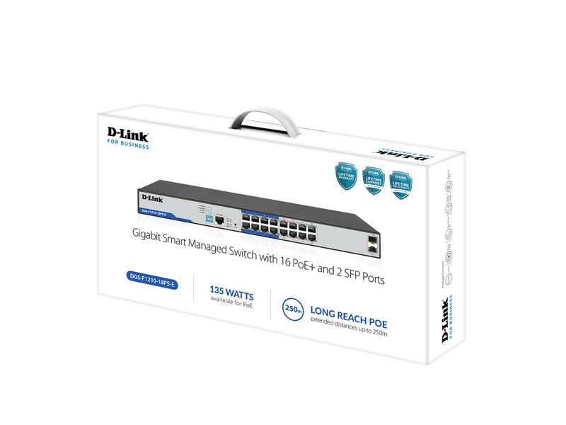 D-Link DGS-F1210-18PS-E 18-Port Gigabit Smart Managed PoE+ Switch with 16 PoE+ Ports (8 Long Reach 250m)