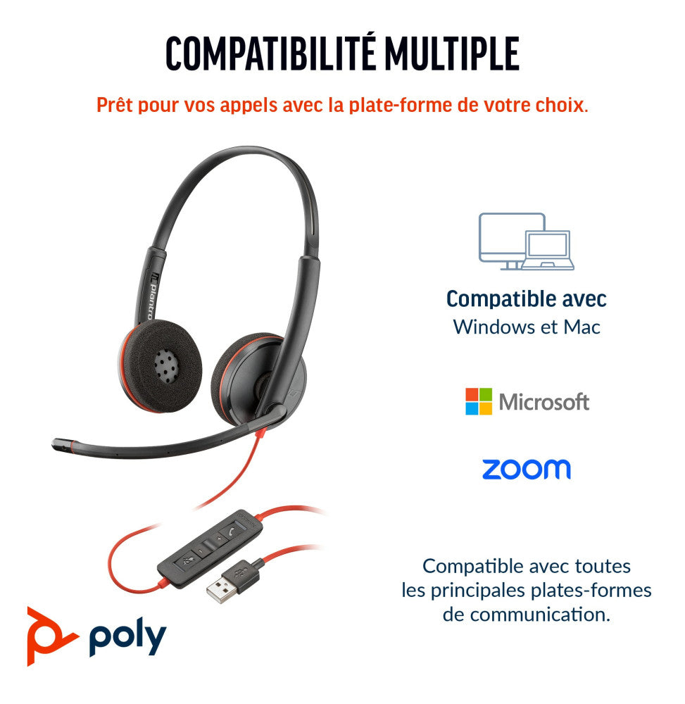 Casque POLY Blackwire 3220 stéréo USB-C + adaptateur USB-C/A (8X228AA)
