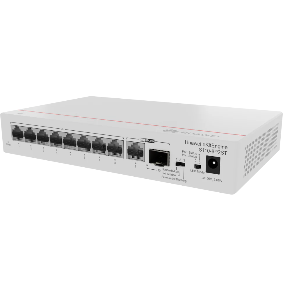 Switch HuaweiS110-8P2ST(8*10/100/1000BASE-Tports.PoE+1*GESFPport.1*10/100/1000BASE-Tport.ACpower)