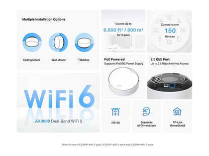 TP-Link DECO X50 POE 3-Pack AX3000 Whole Home Mesh Wi-Fi 6 System