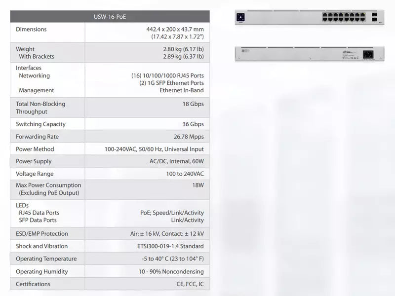Ubiquiti UniFi USW-16-POE 16-Port Gigabit Managed Switch w/ 8-Port PoE+ 42W