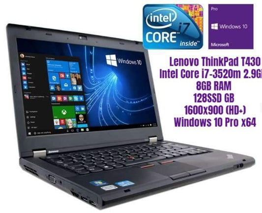 Lenovo ThinkPad T430 Laptop | Intel® Core™ i7 3520M 2.90GHz  | 14" HD+ (1600x900) LED Notebook - 8GB RAM - 128GB SSD - Windows 10 Pro | Grade A (Certified Refurbished) - 1 Year Warranty