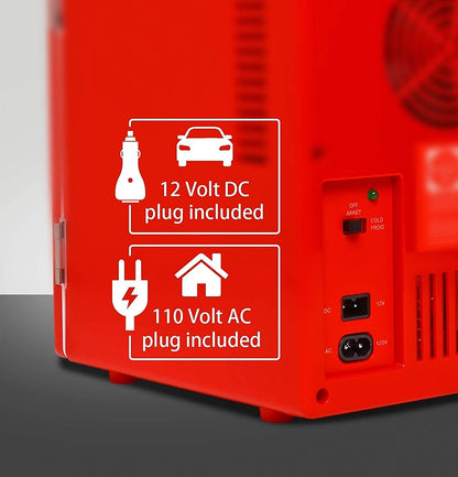 Coca-Cola Classic Red Portable 6 Can KOOLATRON CLASSIC Portable 6-CAN THERMOELECTRIC MINI FRIDGE COOLER, - RED 4 L/4.2 Quarts Capacity, 12V DC/110V AC for home, dorm, car, boat, beverages, snacks, skincare, cosmetics, medication