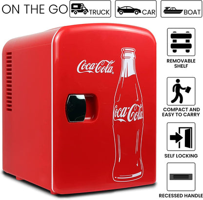 Coca-Cola Classic Red Portable 6 Can KOOLATRON CLASSIC Portable 6-CAN THERMOELECTRIC MINI FRIDGE COOLER, - RED 4 L/4.2 Quarts Capacity, 12V DC/110V AC for home, dorm, car, boat, beverages, snacks, skincare, cosmetics, medication