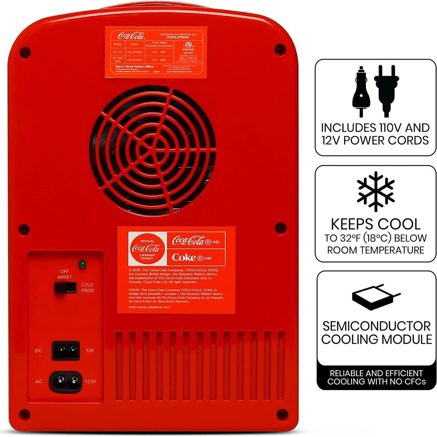 Coca-Cola Classic Red Portable 6 Can KOOLATRON CLASSIC Portable 6-CAN THERMOELECTRIC MINI FRIDGE COOLER, - RED 4 L/4.2 Quarts Capacity, 12V DC/110V AC for home, dorm, car, boat, beverages, snacks, skincare, cosmetics, medication