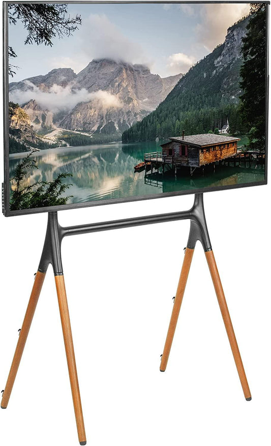VIVO ARTISTIC TV STAND EASEL STYLE FOR 49-70" LED LCD SCREENS ADJUSTABLE DISPLAY WITH 4 LEGS - BLACK/WOOD -  Adjustable TV Mount with 4 Legs up to 88 lbs  (MODEL: STAND-TV70A) - (Open-Box)