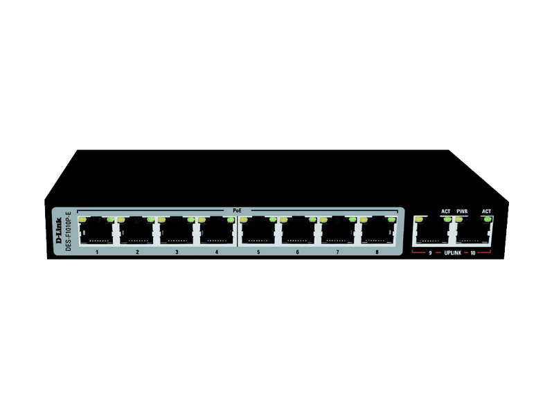 D-Link DES-F1010P-E 10-Port PoE 96W Switch with 8xRJ45 PoE+ and 2 Uplink Ports