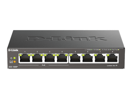D-Link DGS-1008P 8-Port Gigabit PoE+ Unmanaged Switch (Metal Housing)  with 4 PoE+ 68W ports