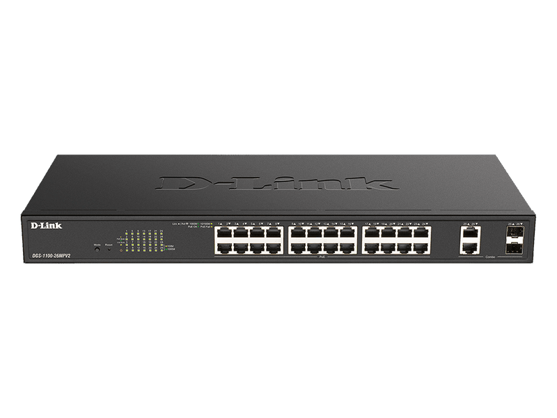 D-Link DGS-1100-26MPV2 26-Port PoE 370W Smart Managed Switch with 24xBASE-T PoE+ and 2x1G RJ45/SFP Combo Ports