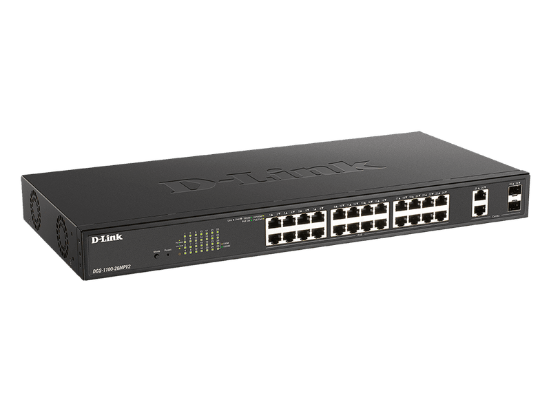 D-Link DGS-1100-26MPV2 26-Port PoE 370W Smart Managed Switch with 24xBASE-T PoE+ and 2x1G RJ45/SFP Combo Ports