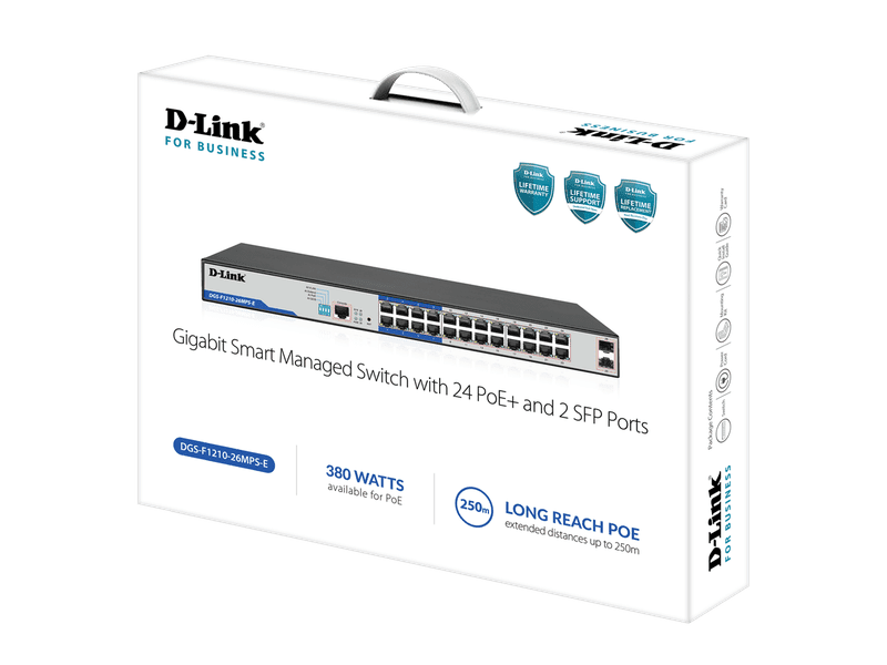 D-Link DGS-F1210-26MPS-E 26-Port PoE+ 380W Gigabit Managed Switch with 24xRJ45 PoE+ and 2x1G SFP Ports