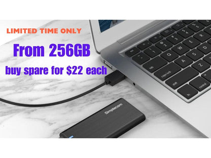 HP 256GB External Portable SSD M.2 2280 Kit with Simplecom Enclosure, USB-C/A to USB-C, Camera, Laptop, Phone