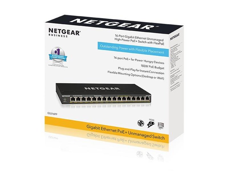 Netgear GS316PP-100AJS SOHO 16-Port Gigabit PoE+ 183W Unmanaged Switch