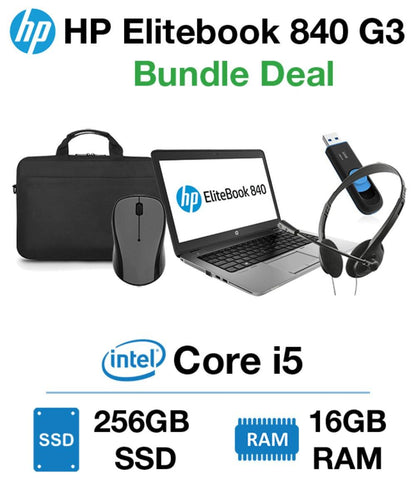 HP EliteBook 840 G3 Ultrabook  14.1" FHD (1080p) | Bundle Deal | Intel Core i5-6300U @ 3.00GHz (6th Gen), 16GB DDR4 RAM , 256GB SSD, Intel HD 520 Graphics, Bluetooth, DisplayPort, Windows 10 Pro | Grade A (Certified Refurbished) 1 Year Warranty