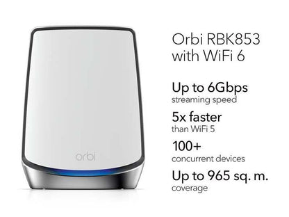 Netgear Orbi RBK853-100AUS AX6000 Tri-Band WiFi 6 Mesh Router + 2 Satellites
