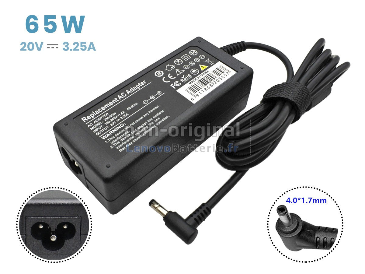 Photo illustrative d'un chargeur comparable ADLENOVO65W4.0*1.7 ; vérifier le connecteur avant achat