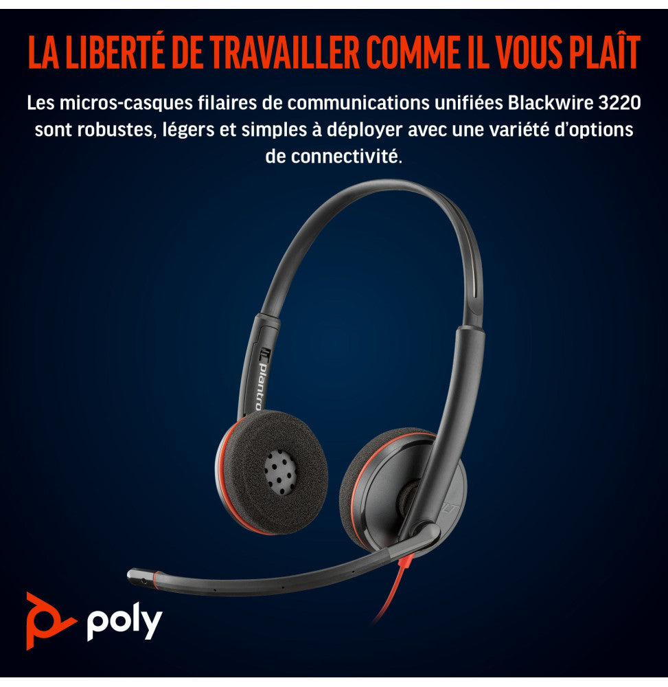 Casque POLY Blackwire 3220 stéréo USB-C + adaptateur USB-C/A (8X228AA)