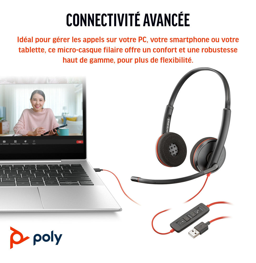 Casque POLY Blackwire 3220 stéréo USB-C + adaptateur USB-C/A (8X228AA)