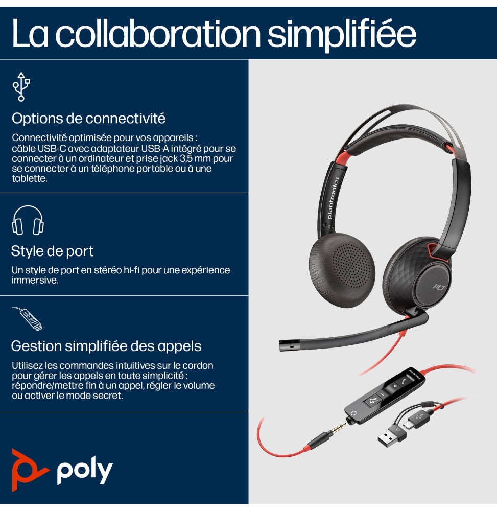 Micro-casque Poly Blackwire 5220 stéréo USB-C + adaptateur USB-C/A (8X231AA)