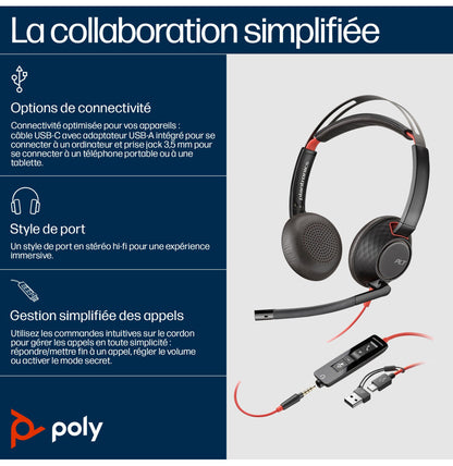 Micro-casque Poly Blackwire 5220 stéréo USB-C + adaptateur USB-C/A (8X231AA)