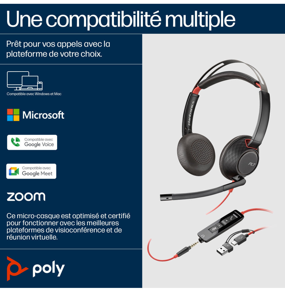 Micro-casque Poly Blackwire 5220 stéréo USB-C + adaptateur USB-C/A (8X231AA)