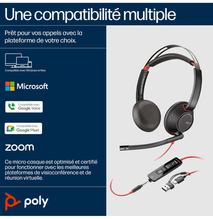 Micro-casque Poly Blackwire 5220 stéréo USB-C + adaptateur USB-C/A (8X231AA)