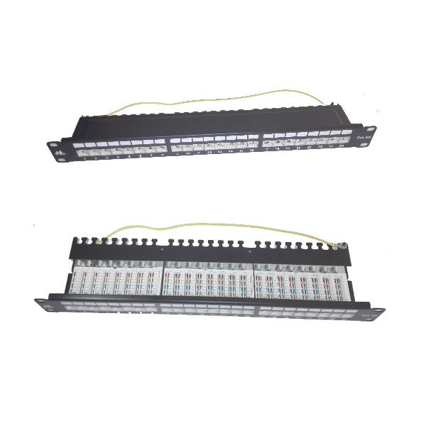 Panneau de brassage Htec Cat6A FTP blindé 24 ports, vues avant et arrière