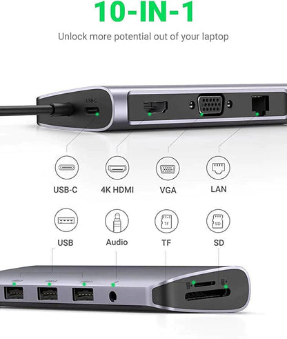 UGREEN 10-in-1 USB C Hub with 4K HDMI, VGA, 1Gbps Ethernet, 100W PD, 3 USB 3.0 Port, SD/TF Card Slot and 3.5mm Audio, USB C Multiport Adapter - ADYASTORE casablanca maroc