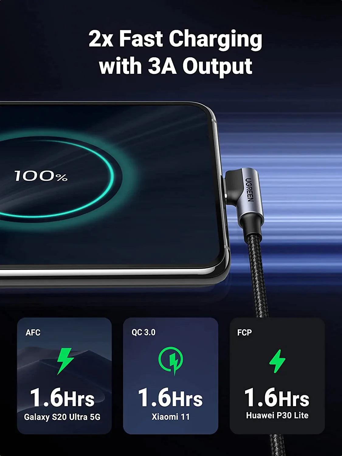 UGREEN USB C 90 Degree Cable 3A Right Angle Type C Charger Cable - ADYASTORE casablanca maroc