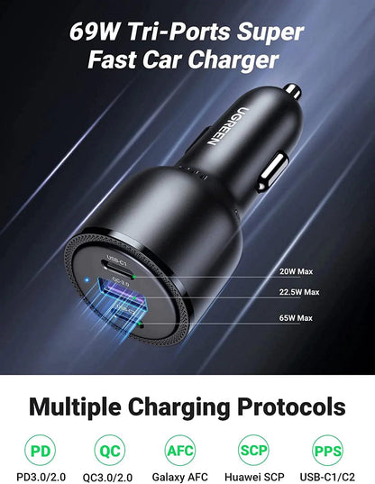 UGREEN USB C Car Charger 69W 3-Ports Cigarette Lighter - ADYASTORE casablanca maroc