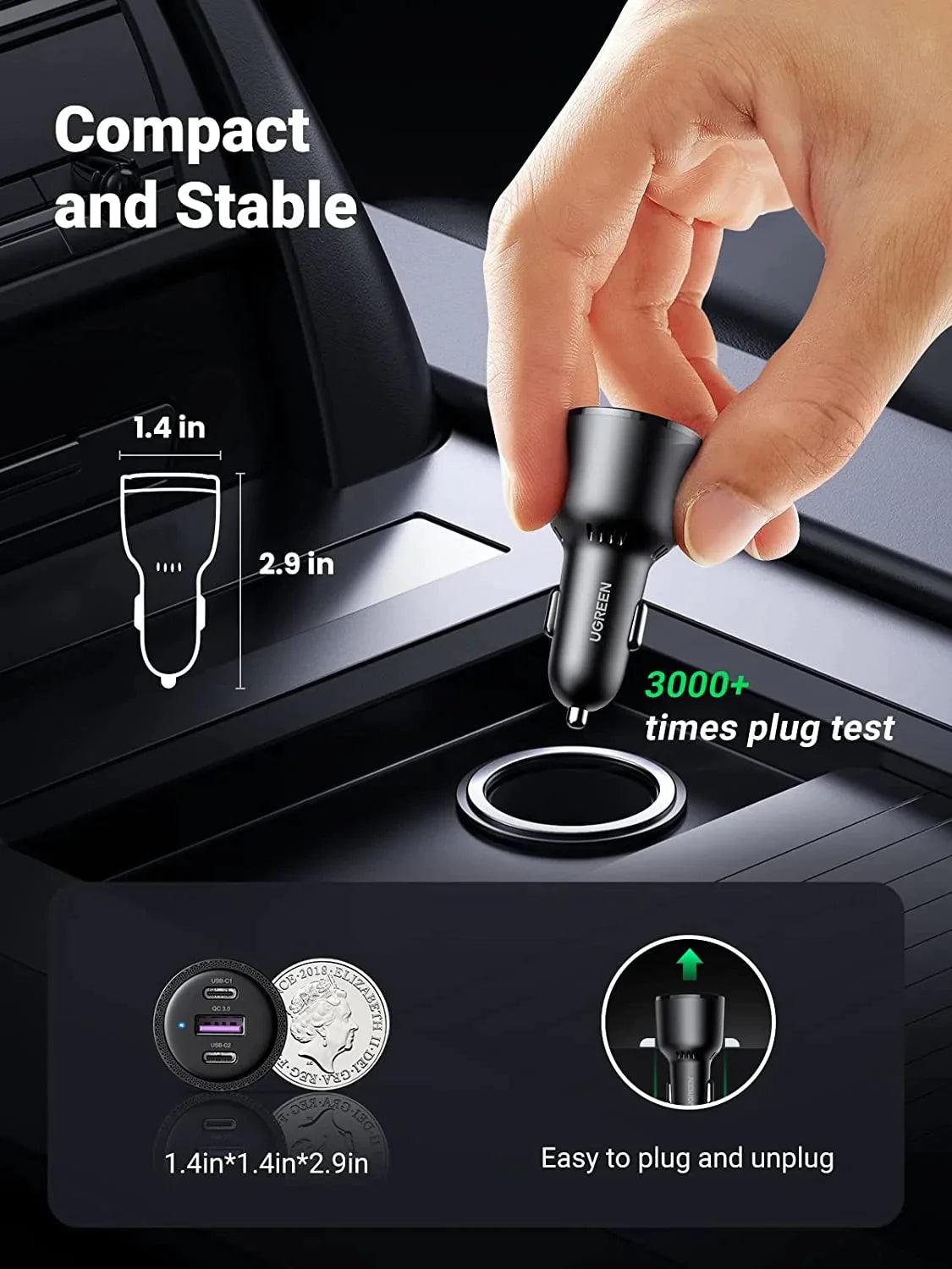 UGREEN USB C Car Charger 69W 3-Ports Cigarette Lighter - ADYASTORE casablanca maroc