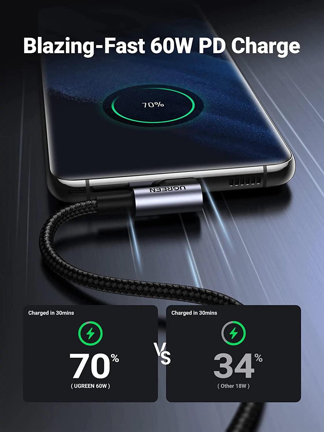 UGREEN USB C to USB C Cable 60W Right Angle - ADYASTORE casablanca maroc