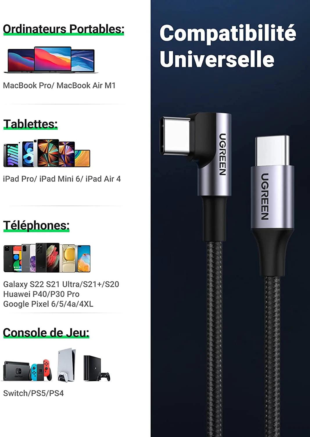UGREEN USB C to USB C Cable 60W Right Angle - ADYASTORE casablanca maroc