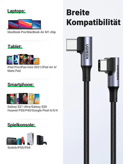 UGREEN USB C USB C Charging Cable 100W Double Angle Plug PD 3.0 QC 4.0 - ADYASTORE casablanca maroc