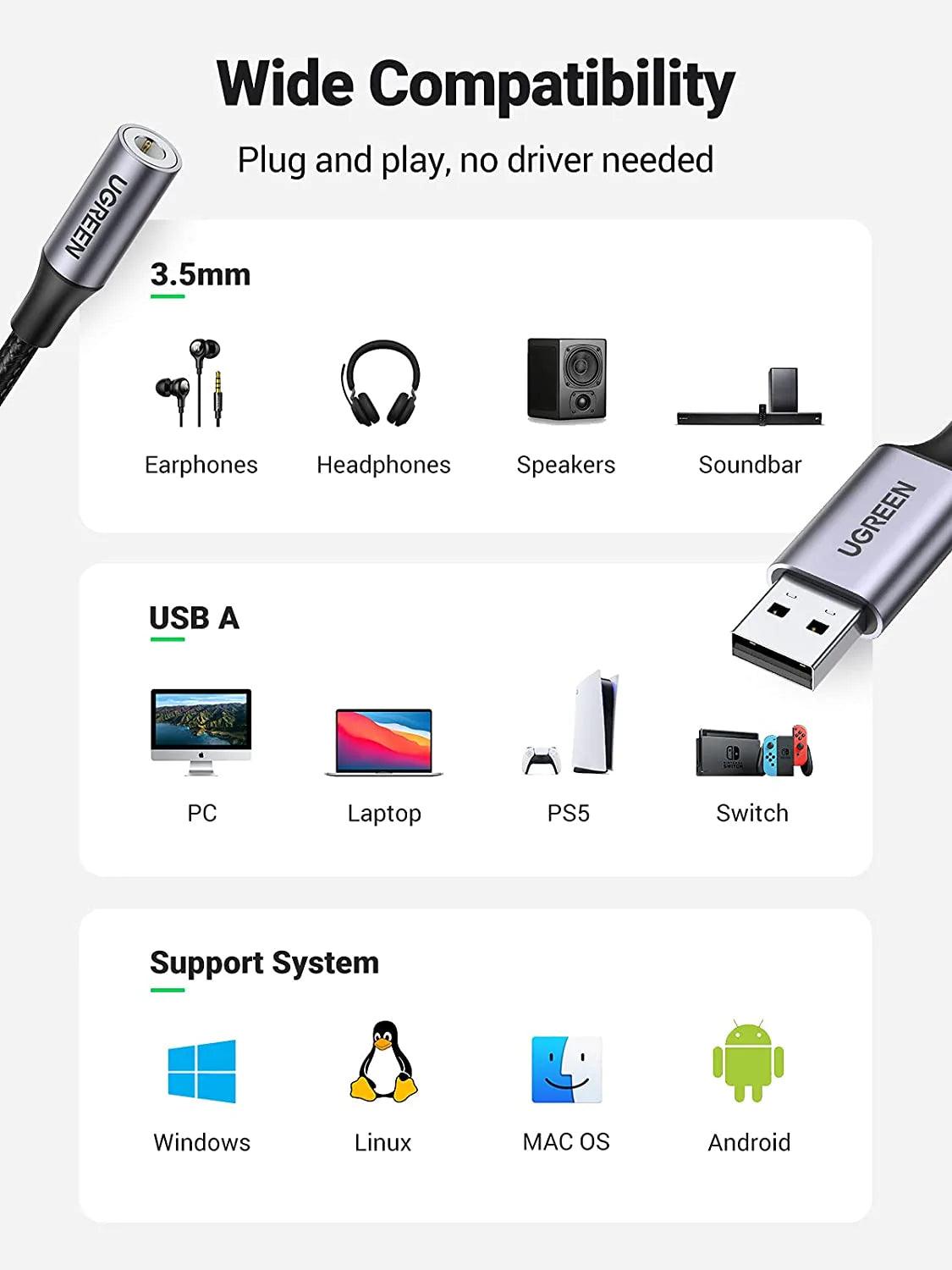 Ugreen USB to 3.5mm Audio Jack USB A Sound Card Adapter - ADYASTORE casablanca maroc